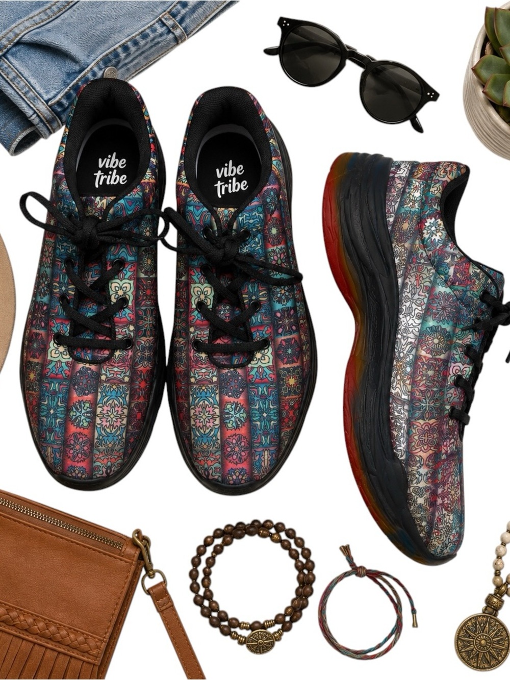 Yes We Vibe Rare Mosaic Mandala Print Walking Sneakers Comfort Shoes Women’s 9